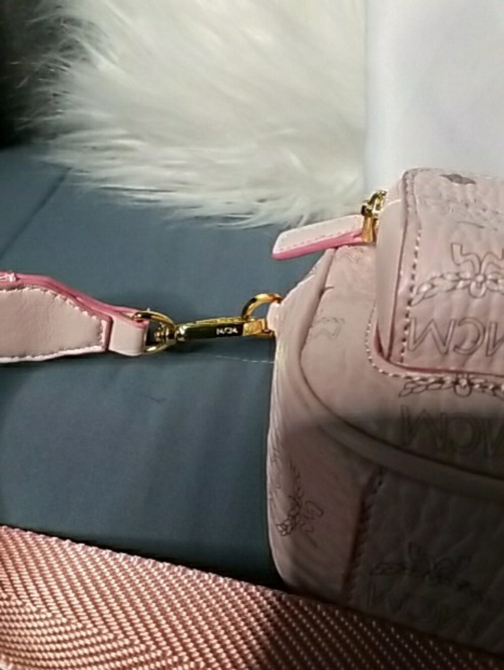 MCM Pale Pink Logo Crossbody Camera Bag with Gold Plaque - Picture 12 of 13